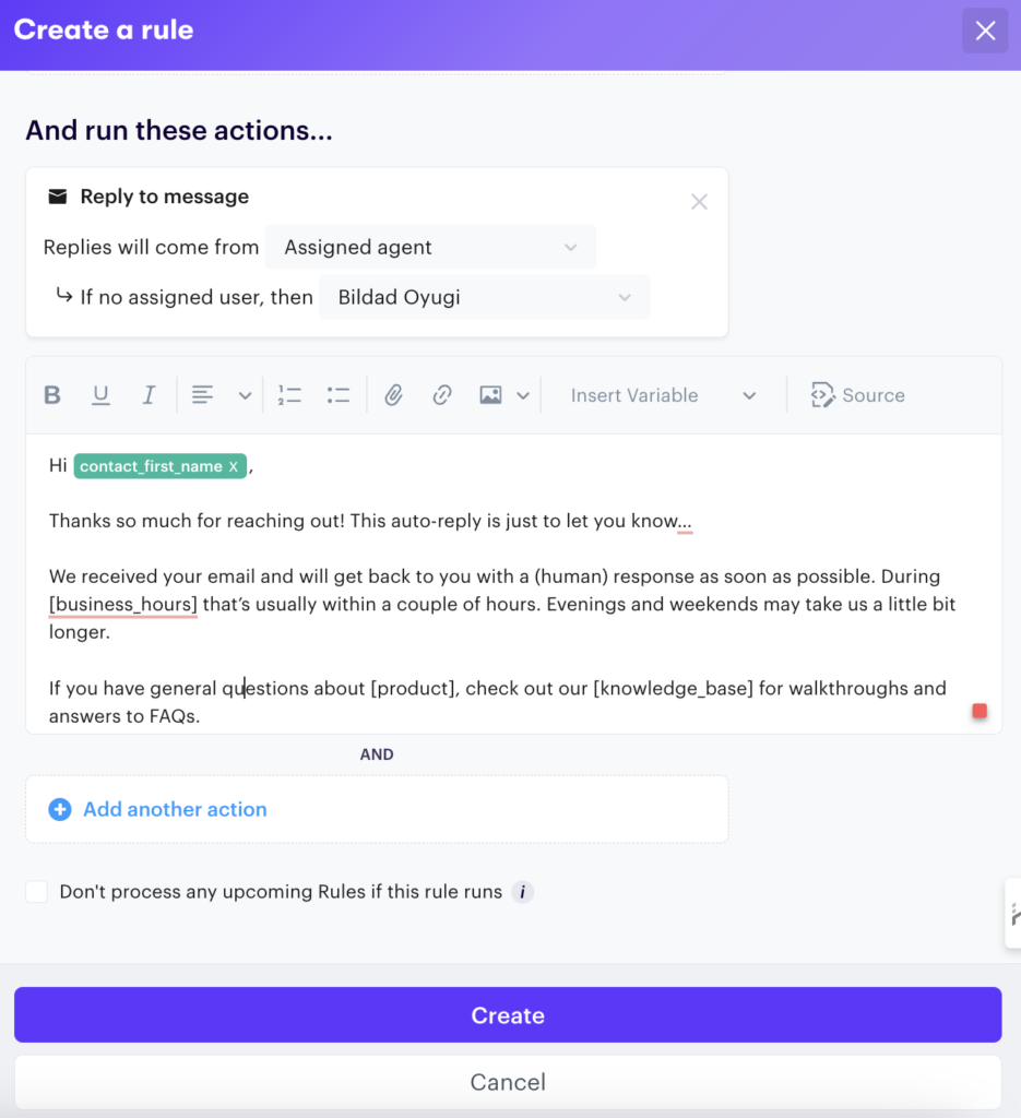 Screenshot showing Auto reply template on Groove