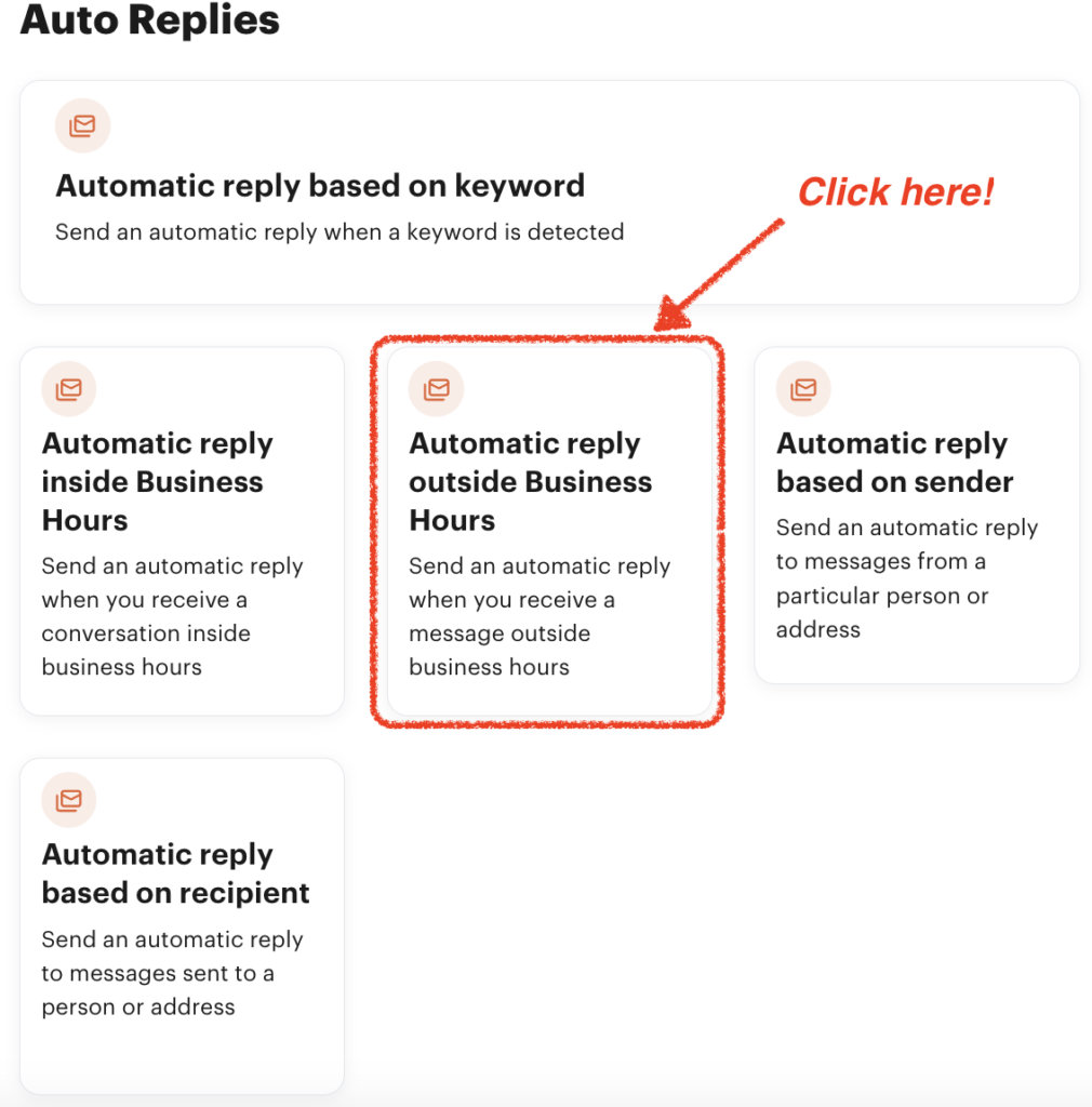 Screenshot showing how to set up Automatic Reply Outside Business Hours on Groove