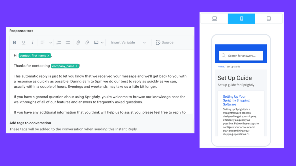 knowledge base example 1 side by side of canned reply turned into a knowledge base article