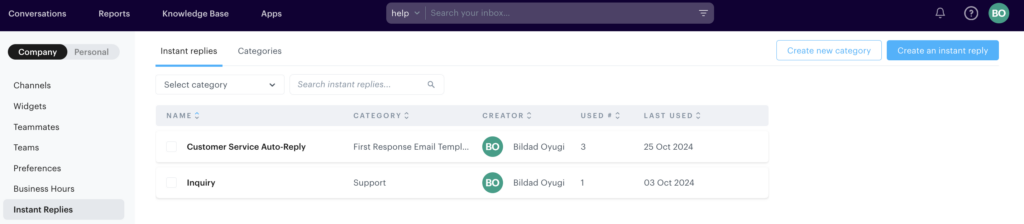 list of instant replies to use for knowledge base articles
