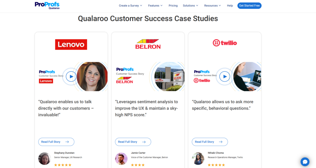 An example of a business, Qualaroo, posting customer success stories directly to their website. 