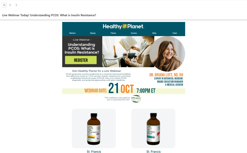 An example of a promotional email for a webinar that leverages content on PCOS to sell products.