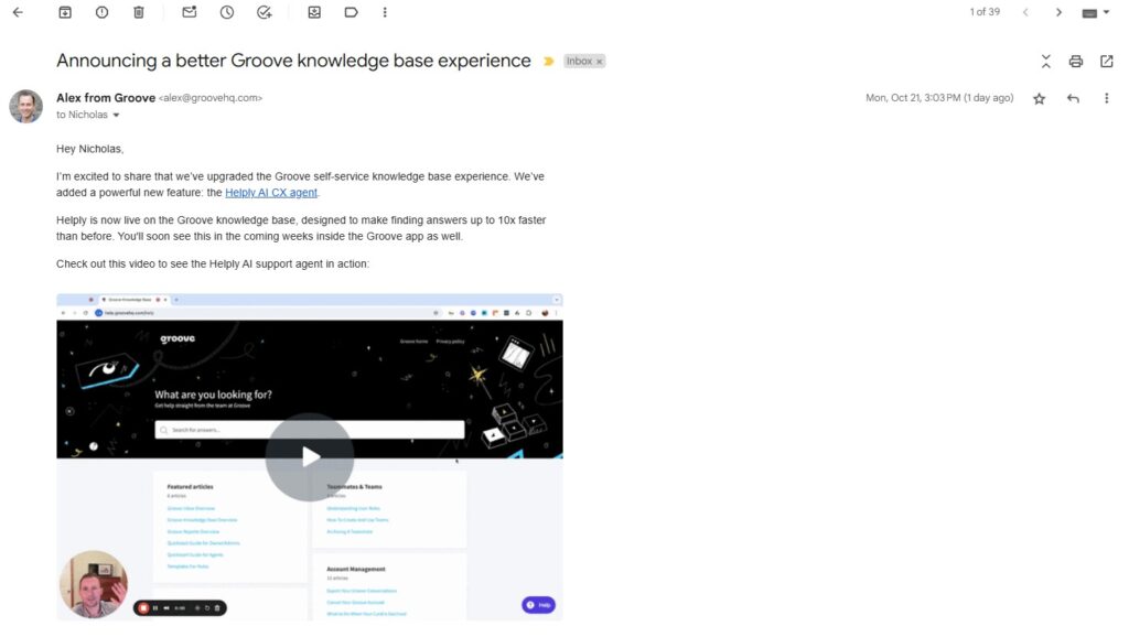 An email from the founder, Alex, describing the improved knowledge base experience on Groove. 