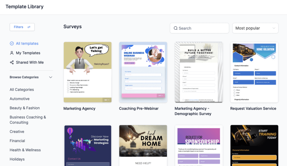 A library of templates for creating customer surveys.