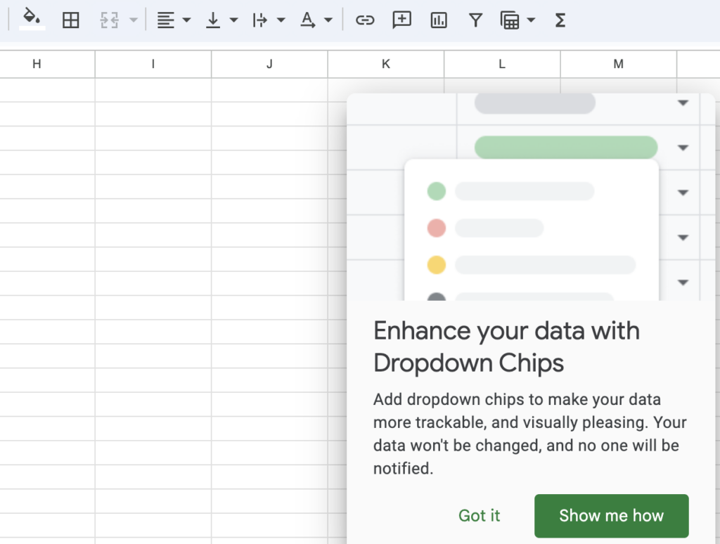 An example of in-app support in Google Sheets.