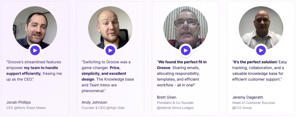 Positive testimonials for the Groove customer service dashboard.