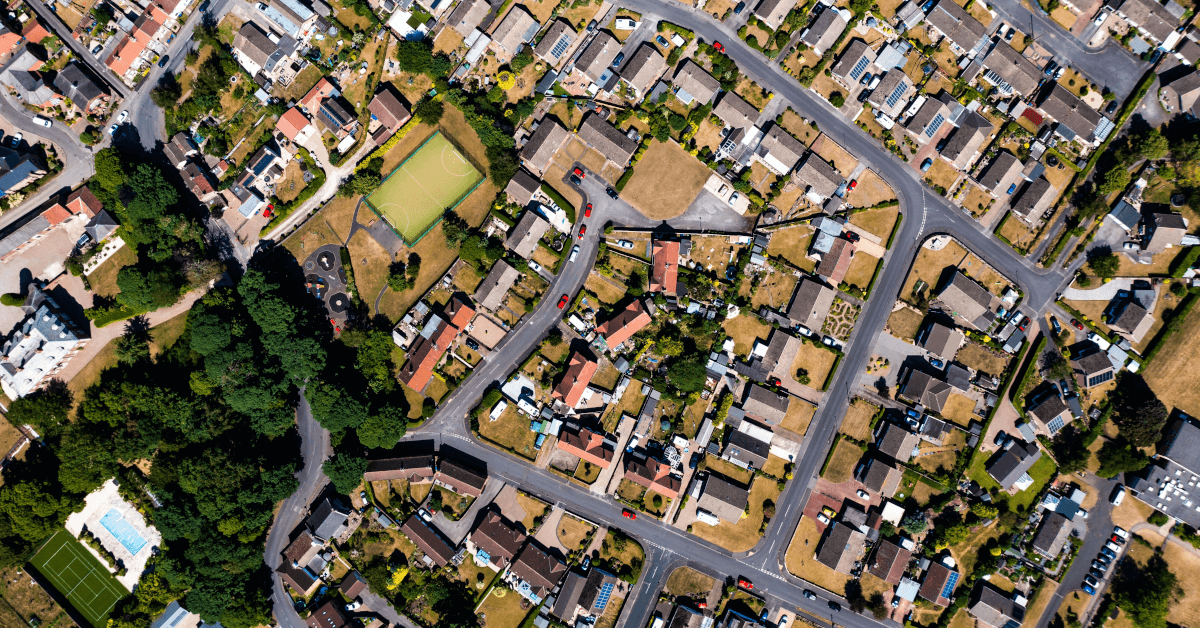 An aerial view of a local neighborhood.