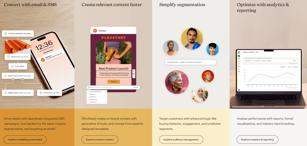 Mailchimp's key features from the website home page.