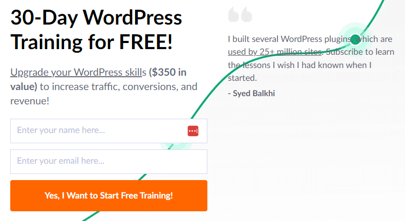 An offer for free WordPress training as a lead magnet.