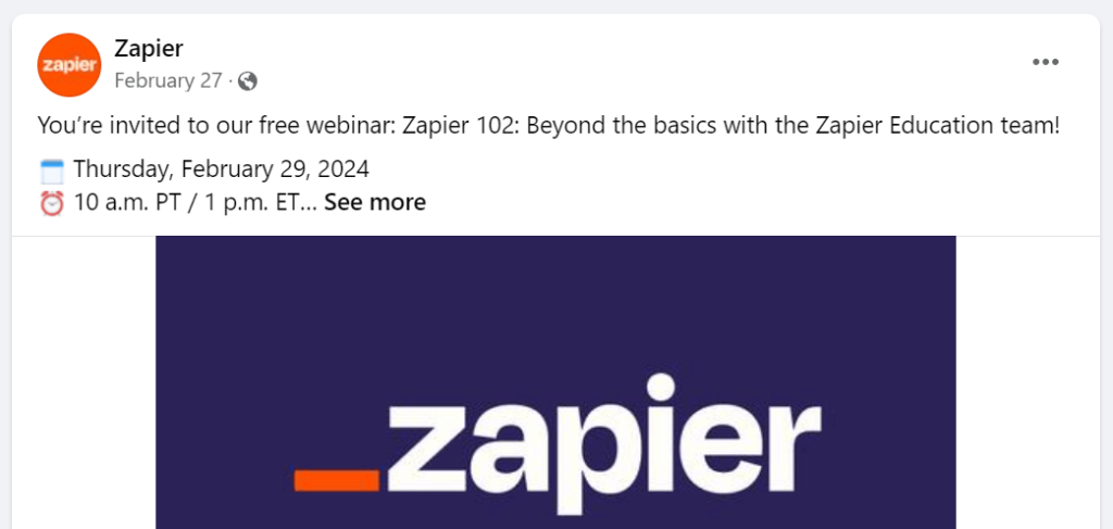 An offer for a free course from Zapier on Facebook.