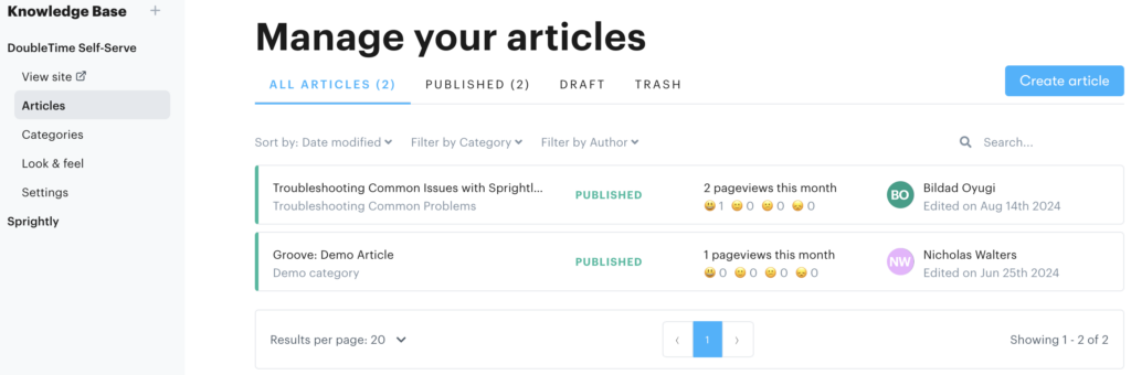 An example of a knowledge base created within Groove, where articles can be managed and published easily. 