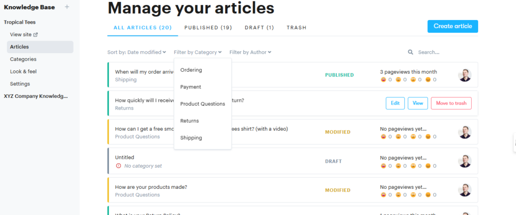 Managing articles in a knowledge base.