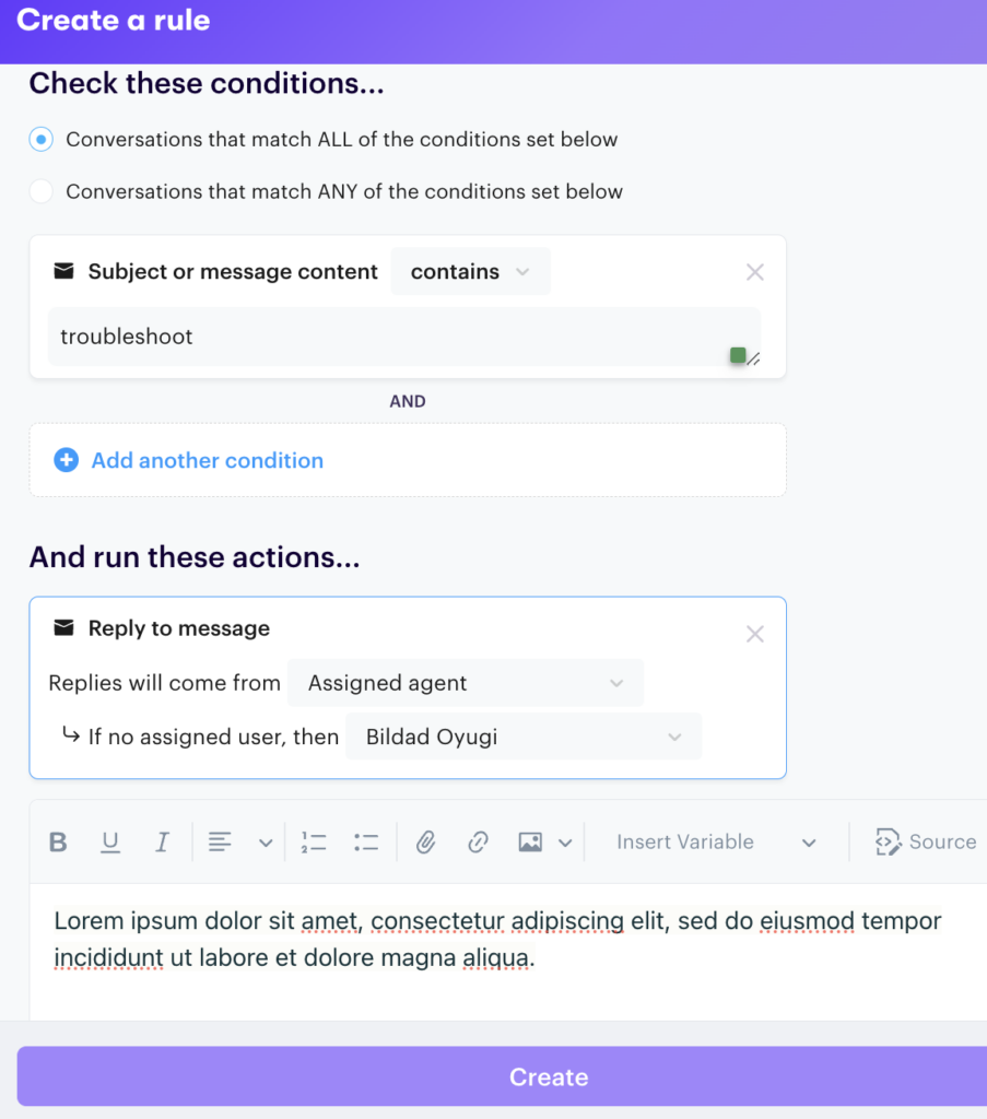 Groove's automation rules based on keywords or trigger words