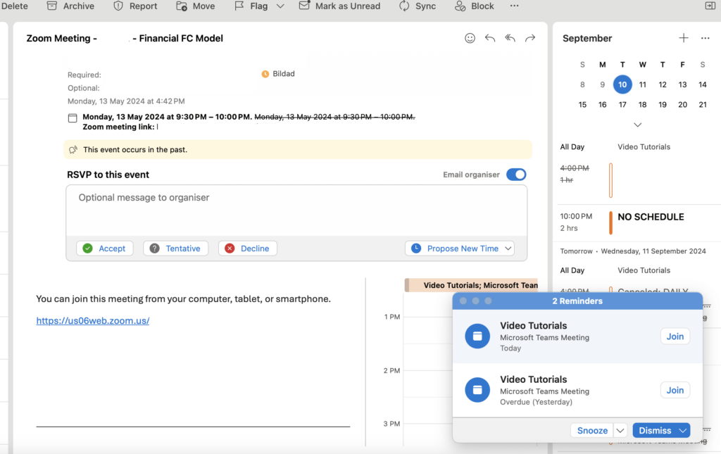 Setting up a Zoom meeting via Outlook.