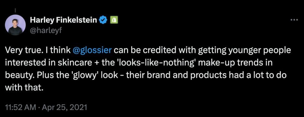 Neutral sentiment is the most difficult to discern without machine learning. This is an example of Glossier sentiment expressed on the platform X. 