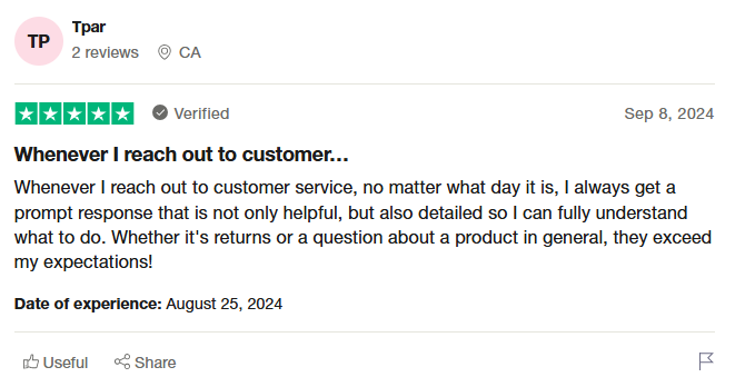 An example of a positive review, depicting positive sentiment, left on Trustpilot.