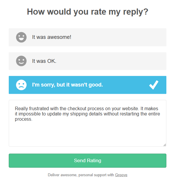 An example of an embedded Groove CSAT survey, whereby a customer reports a negative experience with the website UI. 