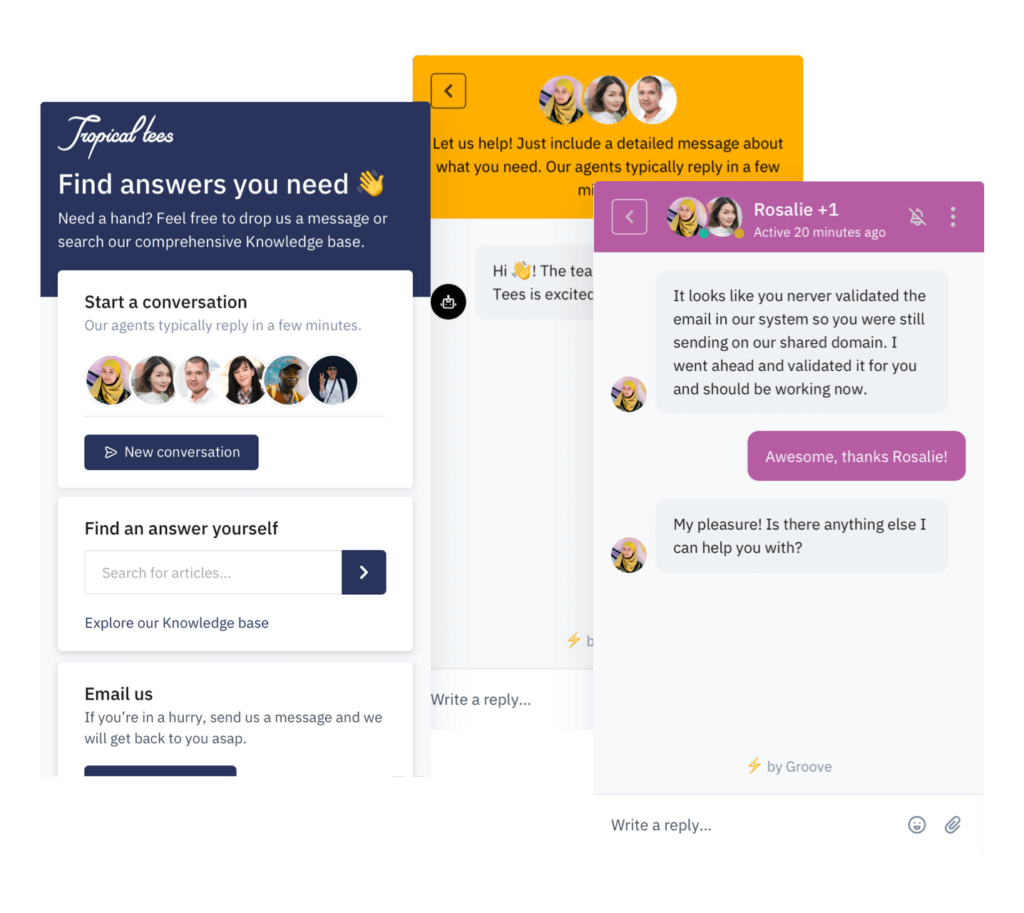 Examples of Groove's live chat feature.