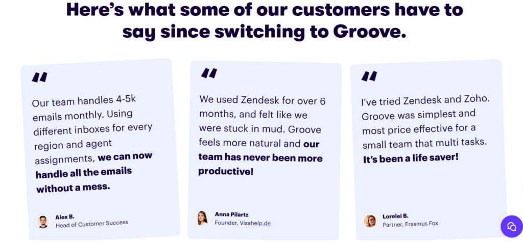 Groove's customer testimonials as best zendesk alternative