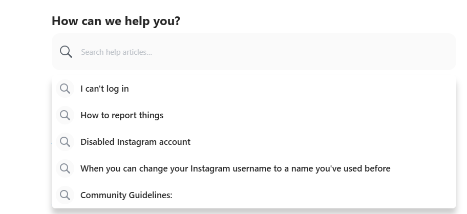 Screenshot of Instagram's knowledge base with auto-suggestions