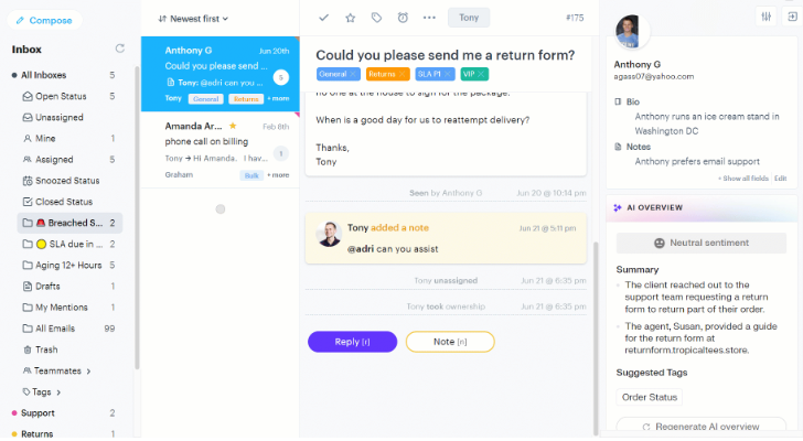 Groove's shared inbox that combines all your email interactions and facilitates easy categorization within a single inbox.