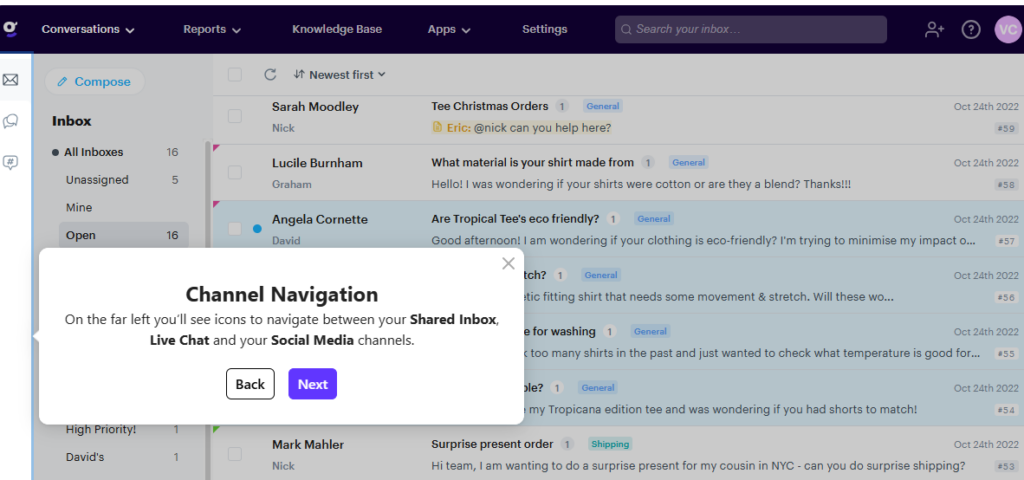 Groove's shared inbox that supports  email, live chat and social media