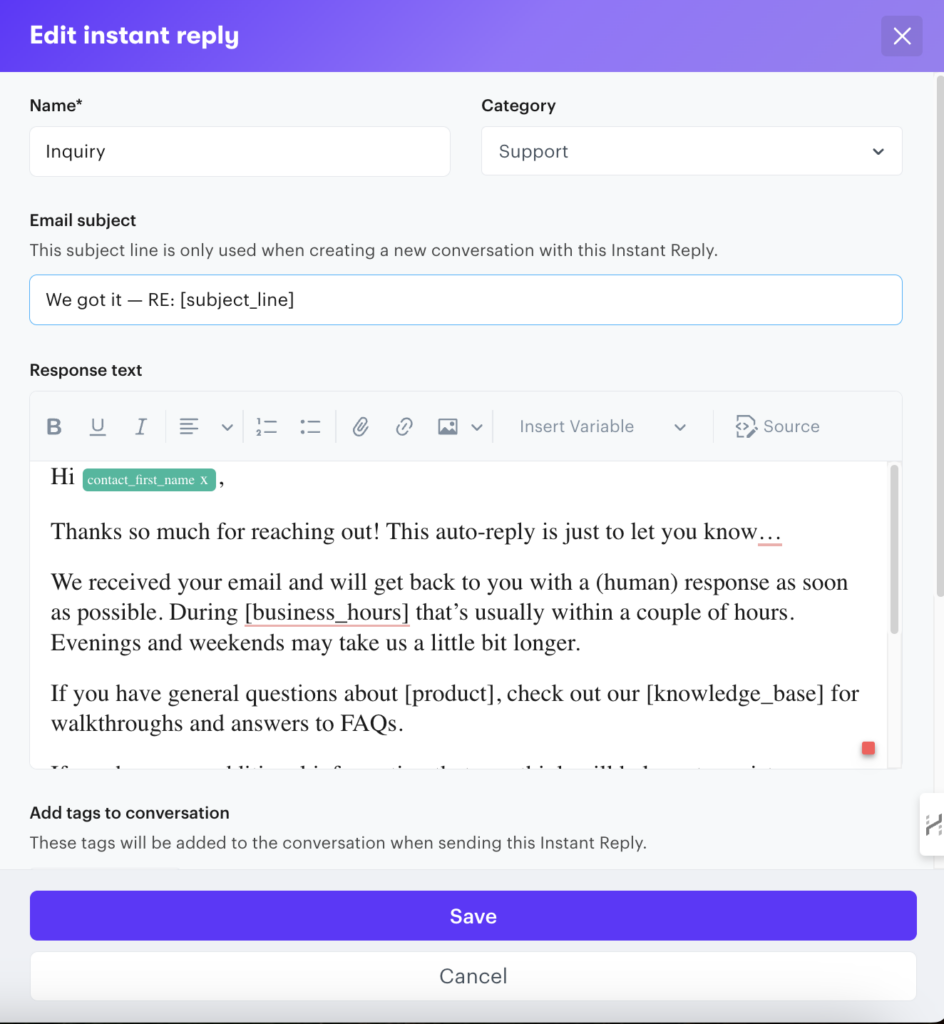 Screenshot of Groove's Instant Reply template for customer service