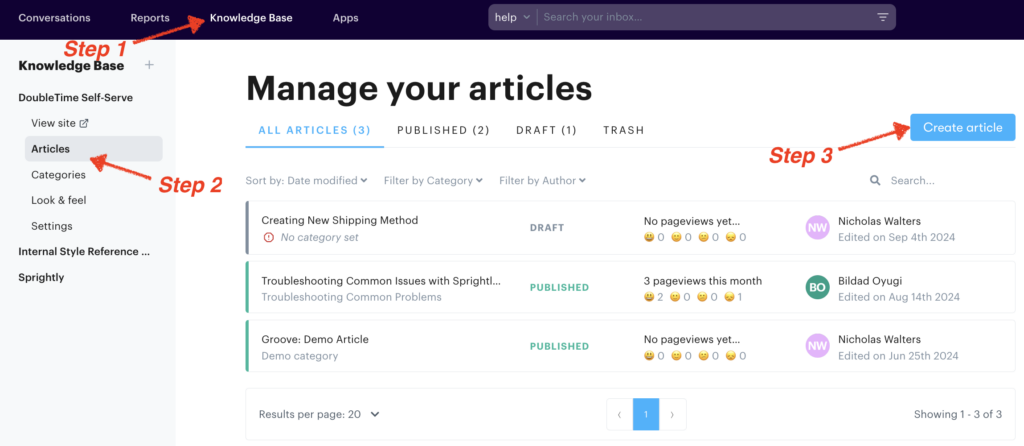 Screenshot of Groove's Knowledge Base feature showing steps for creating an article for your customers