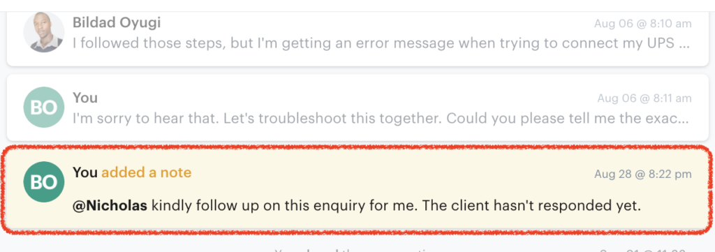 Screenshot of Groove's Shared Inbox interface showing the @mentions feature in an internal note