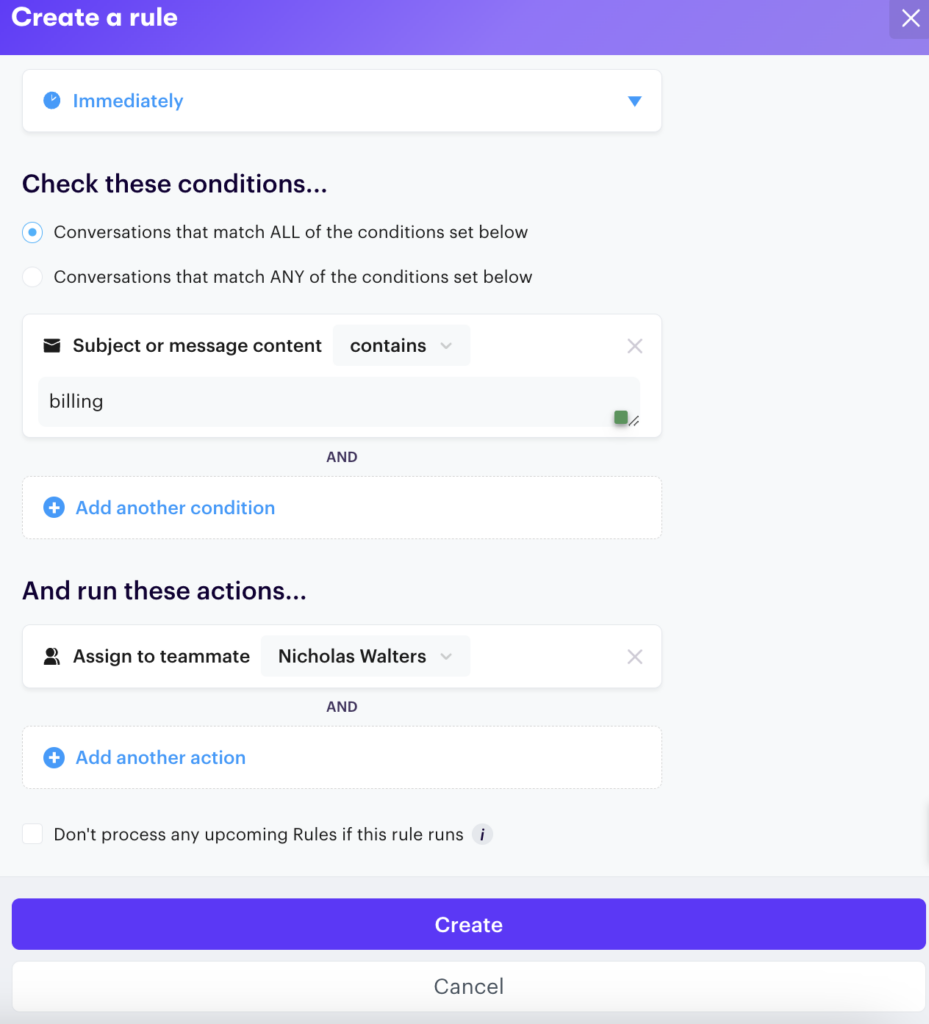 Screenshot of how to auto assign an automation rule in Groove