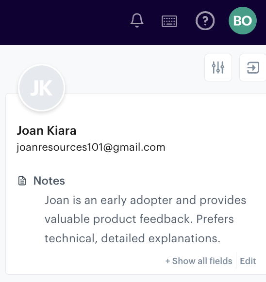 Screenshot showing how to add a note on a customer profile on Groove