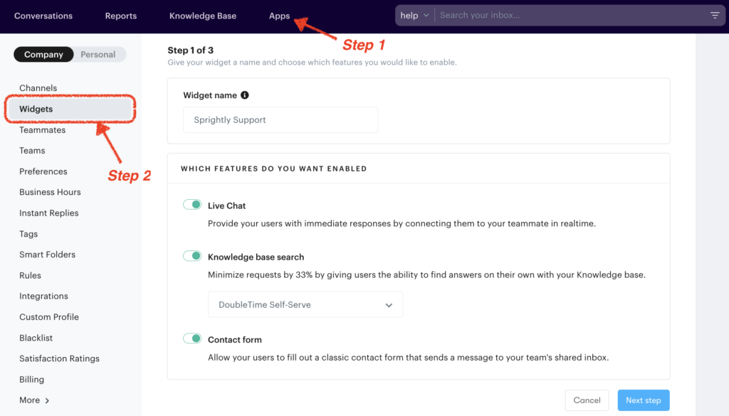 Screenshot showing the live chat setup options in Groove