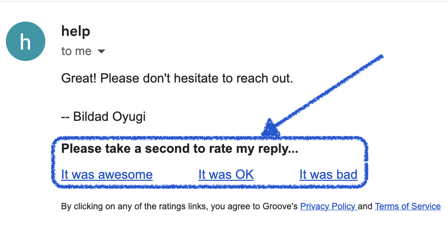 An email showing an automated feedback request after a customer interaction from Groove