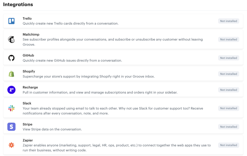 A screenshot showing some of Groove's integrations, including Zapier, Mailchimp, and Shopify, .e.t.c