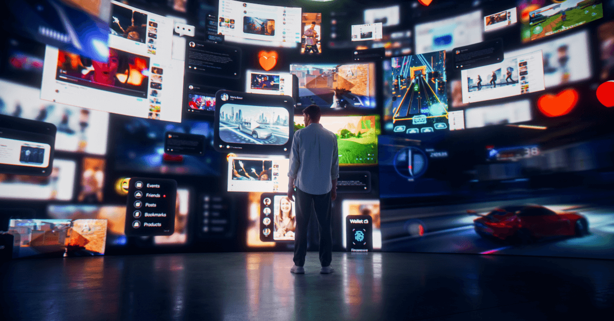 A man standing in front of dozens of computer screens.