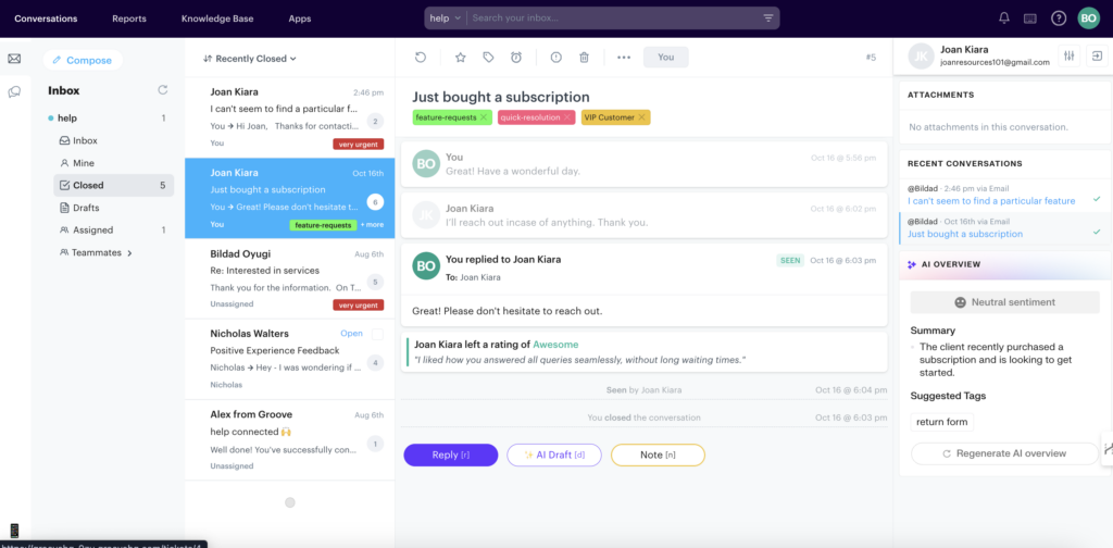 Groove's dashboard, featuring all customer conversations in one shared inbox