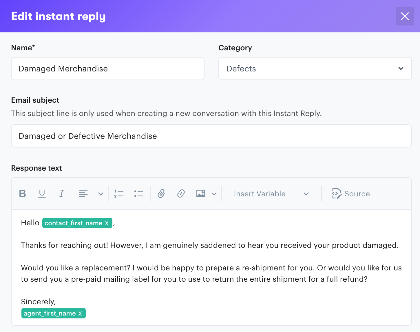 Instant replies in Groove allow you to create automated responses for common inquiries. 