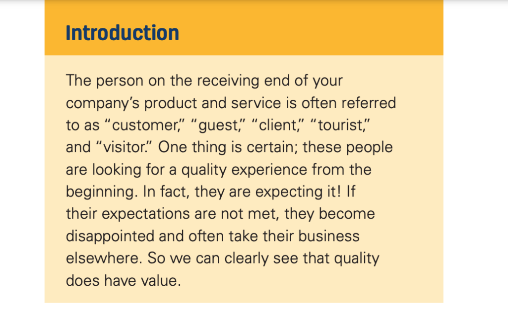 A value statement in a customer service training manual.