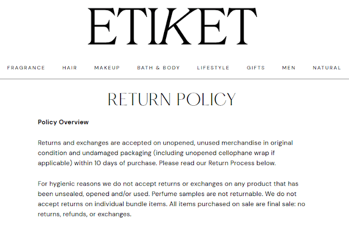 An example of a return policy, listed on a brand website. Some of this information was likely pulled from an internal customer service policy. 