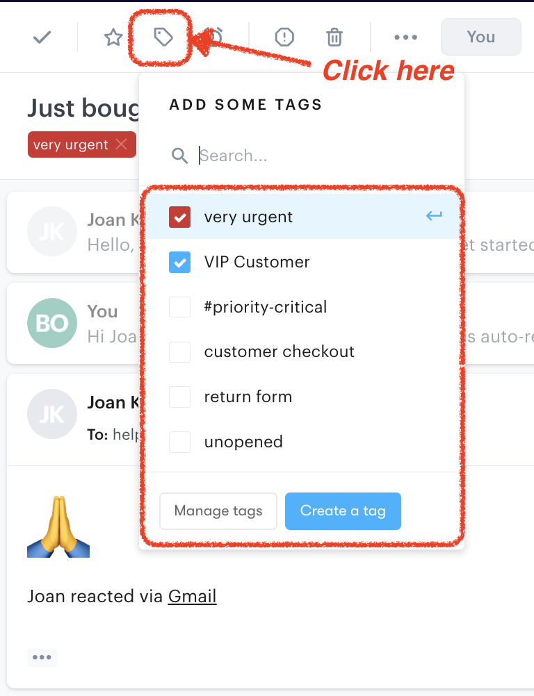 screenshot of how to add tags to customer conversations on Groove