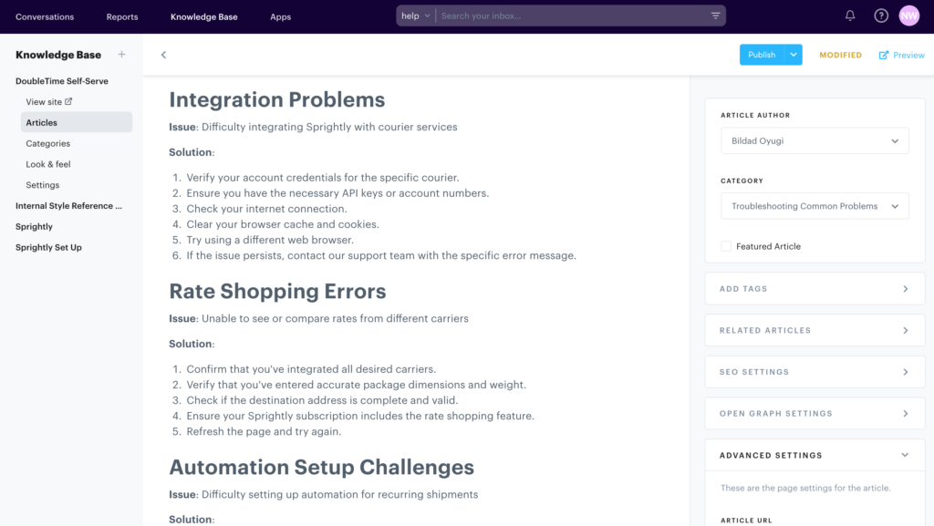 An example of an article on integration features, built directly within Groove. 