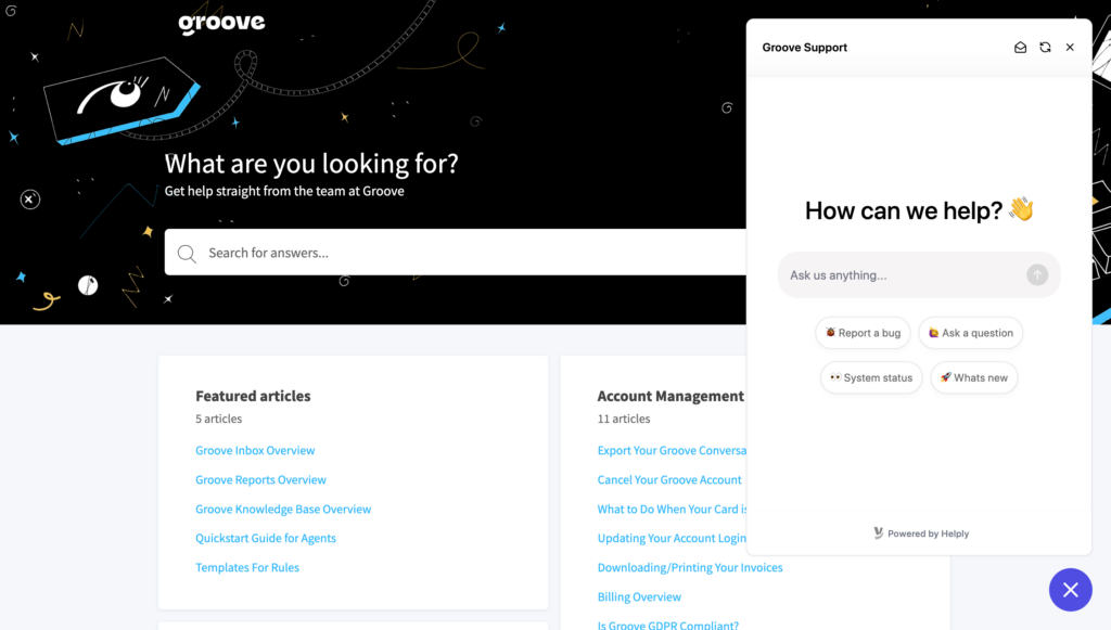 Groove's Knowledge Base. Helply, our conversational AI for customer support tool is embedded here. 