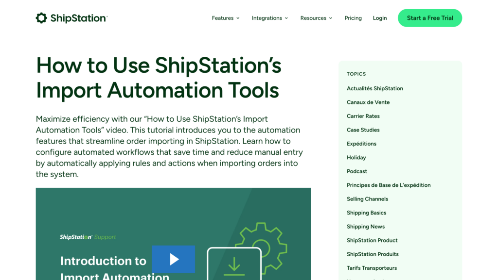 ShipStation's landing page for using their import automation tools. 