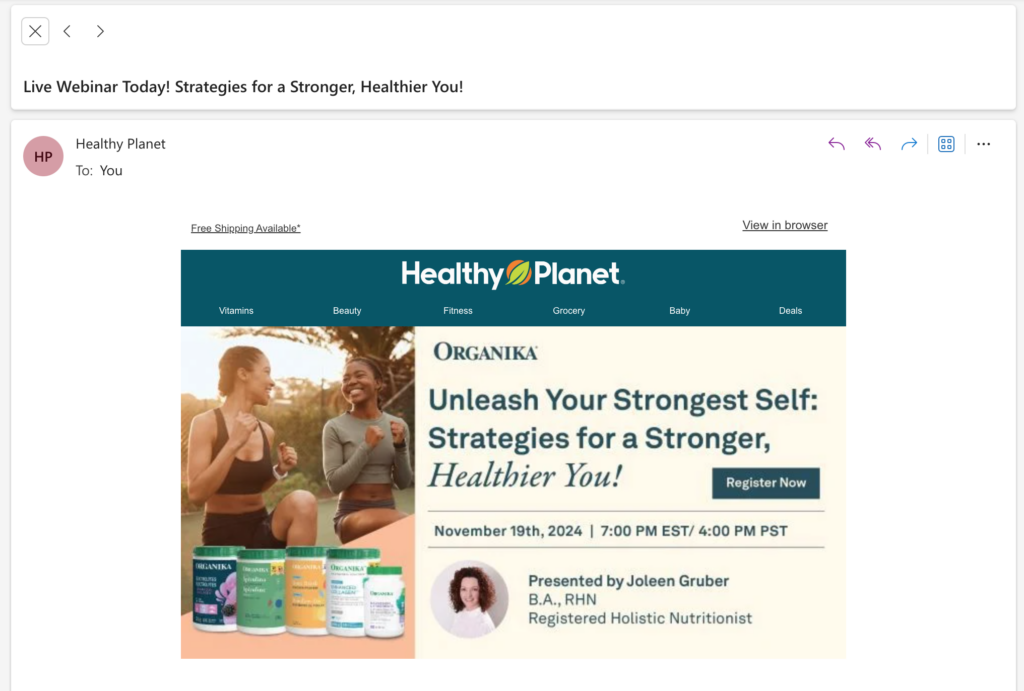 A webinar for Healthy Planet that targets a specific customer segment.