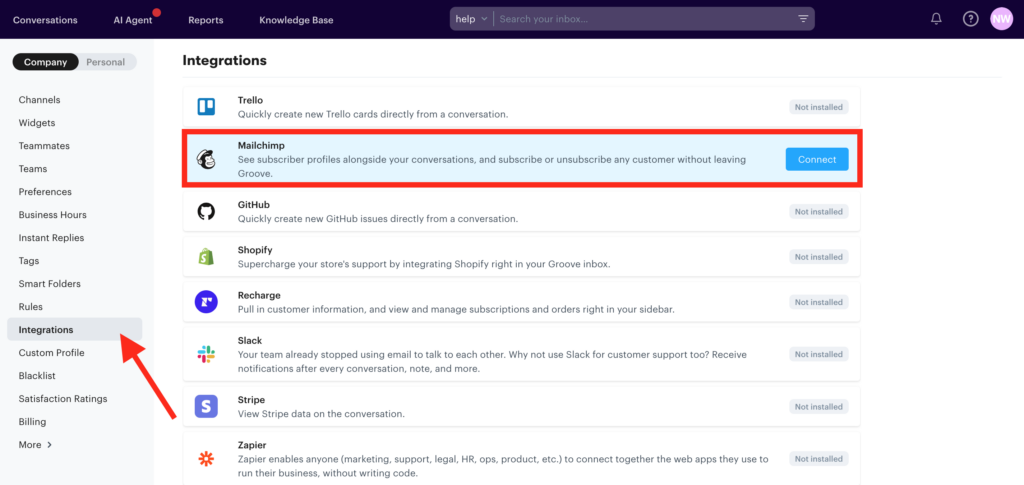 Integration options within Groove that allow for connection to Mailchimp or CRM. 