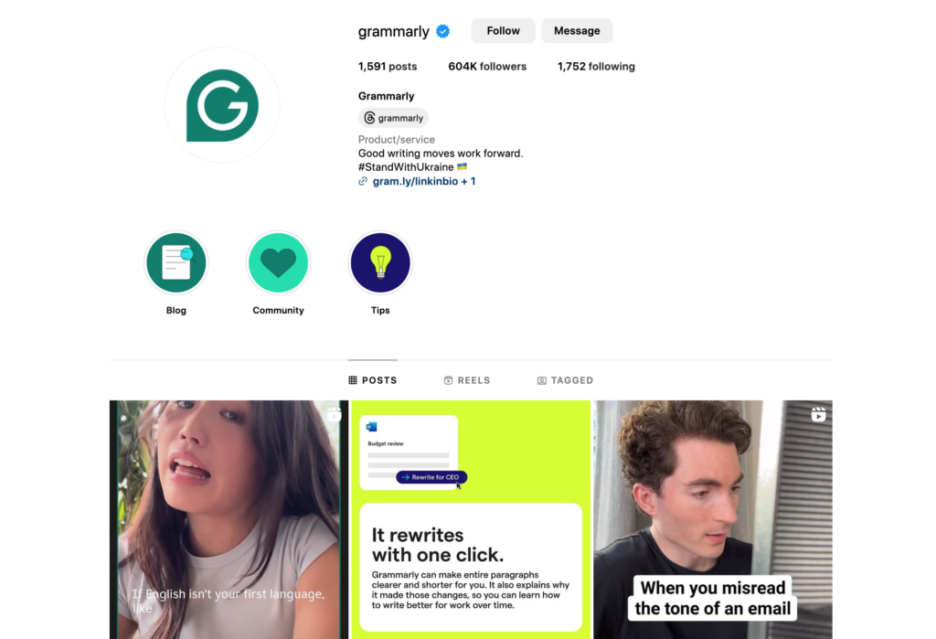 Grammarly's Instagram which reflects social media presence. 