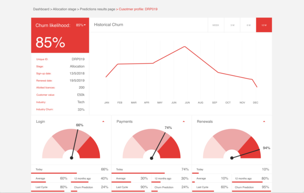 Churnly.AI dashboard, which shows the churn likelihood of a particular customer/user profile on a granular level. 