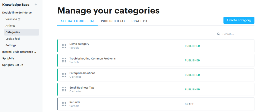 Groove's knowledge base categories section