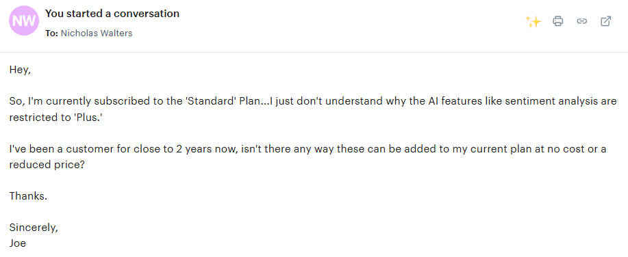 An example of an email in Groove asking for something that isn't possible and goes against policy. 