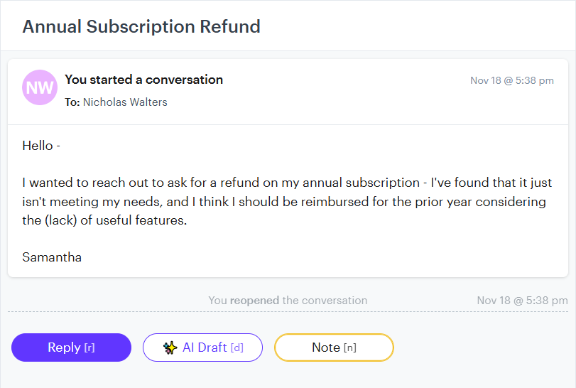 An example of an email inquiry for a annual refund request on a SaaS subscription. 